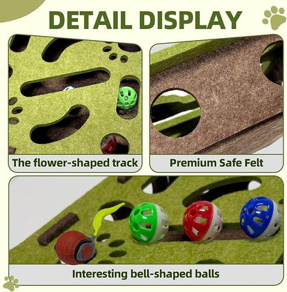 Interactive Soft Felt Cat Puzzle Toy with Ball and Bell，Cat Toy Box for Indoor Cats and Kittens，Indoor Hunting Play Toy to Stimulate Your Cat’s Energy and Instincts (Green+Orange Power Ball)