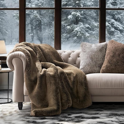 EVERGRACEHOME Luxury Soft Faux Chinchilla Fur Throw Blanket for Couch, Warm Thick Heavy Winter Throw Blanket 1220GSM for Bed, Fluffy Cozy Mink Blanket with Reversible Velvet, Brown Sable, 50"x60"