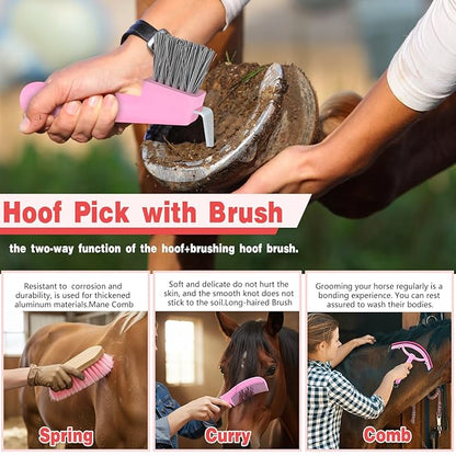 Abbylike 12 Pieces Horse Grooming Kit with Organizer Tote Bag Tack Room Supplies Horse Brush Sets Equine Care Cleaning Kit Shedding Grooming Massaging Tools (Grey and Pink)