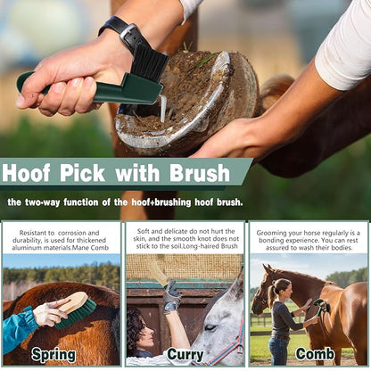 Abbylike 12 Pieces Horse Grooming Kit with Organizer Tote Bag Tack Room Supplies Horse Brush Sets Equine Care Cleaning Kit Shedding Grooming Massaging Tools (Khaki and Green)