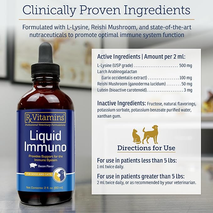 Rx Vitamins Liquid Immuno - with L-Lysine for Cats and Dog Health - Reishi Mushroom Supplement for Dogs & Cat Immune Support - Vitamins and Eye Supplements with Lutein - Bacon (2oz)