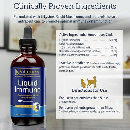 Rx Vitamins Liquid Immuno - with L-Lysine for Cats and Dog Health - Reishi Mushroom Supplement for Dogs & Cat Immune Support - Vitamins and Eye Supplements with Lutein - Bacon (2oz)