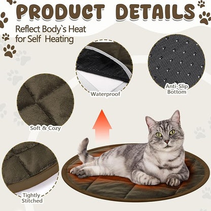 Drydiet 2 Pcs Self Warming Cat Mat Round Self Heating Pad Bed Reversible Machine Washable Heated Bed Anti Slip Warming Pad Pet Mat for Cat Crate Indoor Outdoor(Coffee,16 Inch)