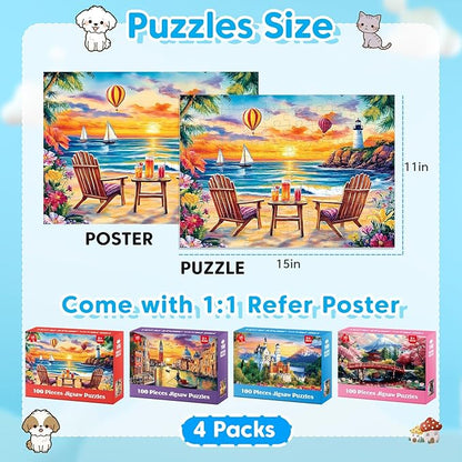 100 Piece Puzzle World Famous Landscapes Jigsaw Puzzles Large Piece Puzzles for Adult Seniors Kids Puzzles for Kids Ages 4-6 6-8 Learning Educational Toys Gifts for Girls Boys 4 Packs