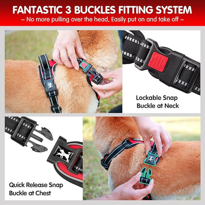 PoyPet Dog Harness and Leash Combo, Escape Proof No Pull Vest Harness, with 5 Feet Leash, Reflective Adjustable Soft Padded Pet Harness with Handle for Small to Large Dogs(Red,XL)
