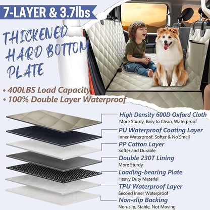 Back Seat Extender for Dogs Truck-Large Space, Dog Pet Seat Cover Back Seat Hard Bottom Holds 400lb, Waterproof Dog Hammock for Crew Cab Trucks F150, RAM1500, Sierra, Tundra, Silverado, Khaki