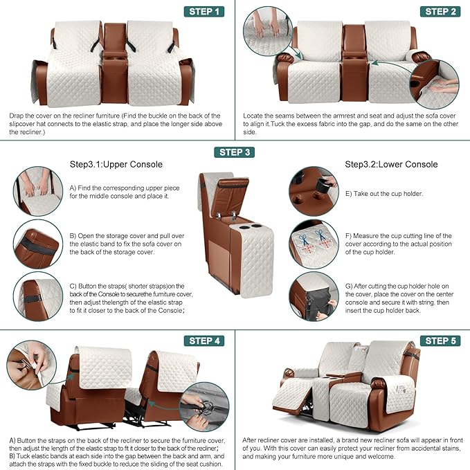 Ruaozz Waterproof Loveseat Recliner Cover with Console Non-Slip Reclining Couch Covers Split Sofa Slipcovers with Elastic Straps Furniture Protector for Kids, Dogs, Pets (Beige,2 Seater)