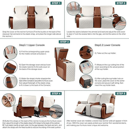 Ruaozz Waterproof Loveseat Recliner Cover with Console Non-Slip Reclining Couch Covers Split Sofa Slipcovers with Elastic Straps Furniture Protector for Kids, Dogs, Pets (Beige,2 Seater)