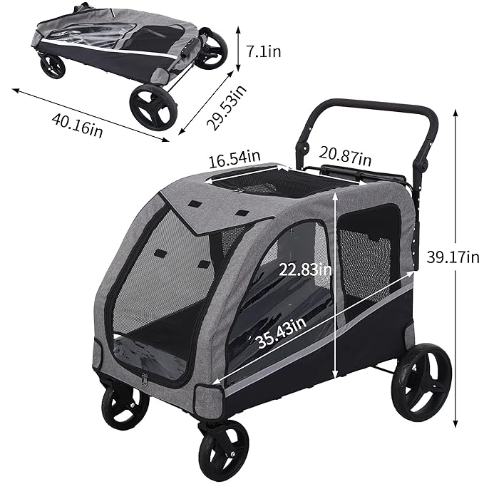 Kepptory Large Dog Stroller for Medium/Large Dogs up to 130 lbs, Foldable Pet Stroller with 4 Wheels, Adjustable Handle, Heavy Duty Dog Carriage for Senior, Disabled, Injured Pets, Grey