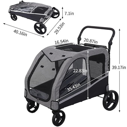 Kepptory Large Dog Stroller for Medium/Large Dogs up to 130 lbs, Foldable Pet Stroller with 4 Wheels, Adjustable Handle, Heavy Duty Dog Carriage for Senior, Disabled, Injured Pets, Grey