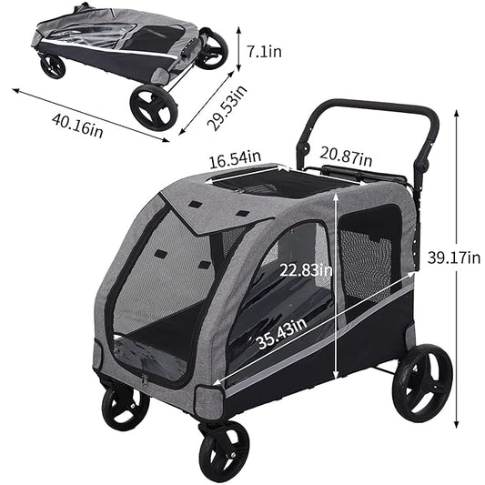 Kepptory Large Dog Stroller for Medium/Large Dogs up to 130 lbs, Foldable Pet Stroller with 4 Wheels, Adjustable Handle, Heavy Duty Dog Carriage for Senior, Disabled, Injured Pets, Grey
