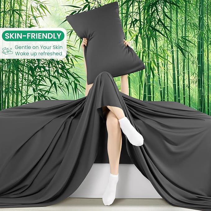 SONORO KATE 100% Viscose Derived from Bamboo_Sheets Full Size, Ultra Breathable & Cooling Bed Sheets for Hot Sleepers, Hotel Luxury Silky Bedding Sheets, 16" Deep Pocket - 4PC (Black,Full)