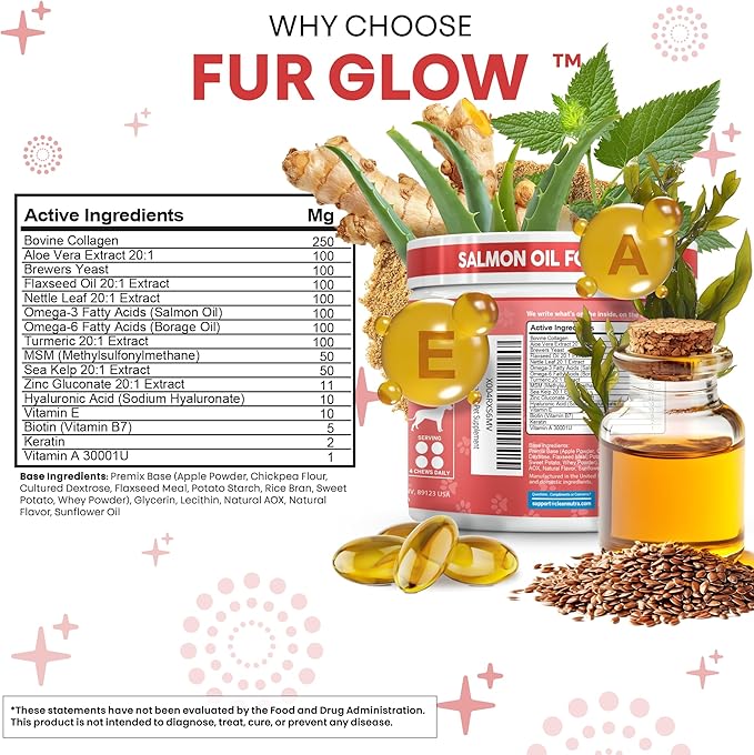 FurGlow Skin and Coat Supplement for Dogs Salmon Oil Omega 3 Fish Oil Turmeric Collagen Aloe Vera Flaxseed Oil Hyaluronic Acid Biotin Keratin Aloe Vera Allergy Relief Beef Flavor | Clean Nutra Pets