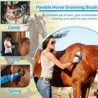 Horse Grooming Kit, 14-in-1 Professional Horse Brush Supplies Set for Grooming & Care, with Horse Brushes, Curry Comb, Hoof Pick & Waterproof Storage Tote Bag for Shining, Detangling, Massaging(Blue)
