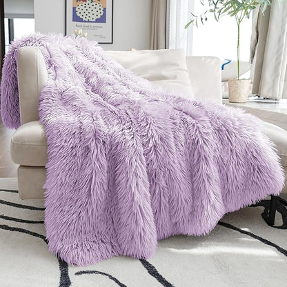 JONIYEAR Extra Large Decorative Fluffy Faux Fur Blanket Queen Size 80" x 90", Soft Luxury Lightweight Furry Blankets, Solid Cozy Shaggy Plush Thick Warm Fuzzy Blankets for Winter Bed Couch, Purple