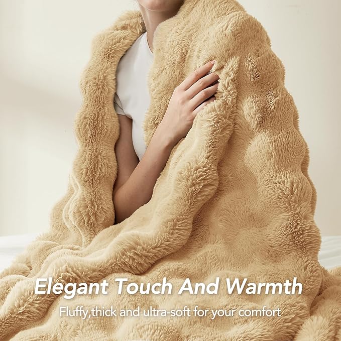 L'AGRATY Faux Rabbit Fur Blanket: 50" x 60" Luxury Soft Fluffy Thick Fur Throw Blanket for Couch Bed - Cozy Plush Bubble Blankets for Winter: Warm Flannel Fleece Decorative Blanket(Milk Tea Brown)