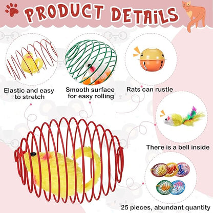 Jecery 25 Pcs Cat Spring Balls Toys Stretchable Rolling Balls Colorful Playful Coils Interactive Action Toy Caged Rats for Kitten Pet Supplies (Mouse and Bell,Colorful)