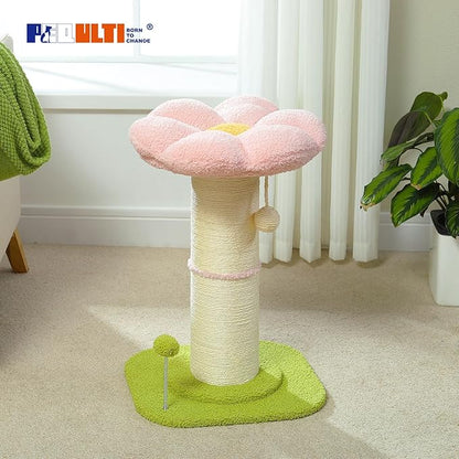 PEQULTI Flower Cat Scratching Post, Small Cat Tree, Scratcher for Indoor Cats with Super Thick Scratching Post [Dia=5.5''], Removable Flower Bed, Cat Scratch Post with Spring Ball, Pink