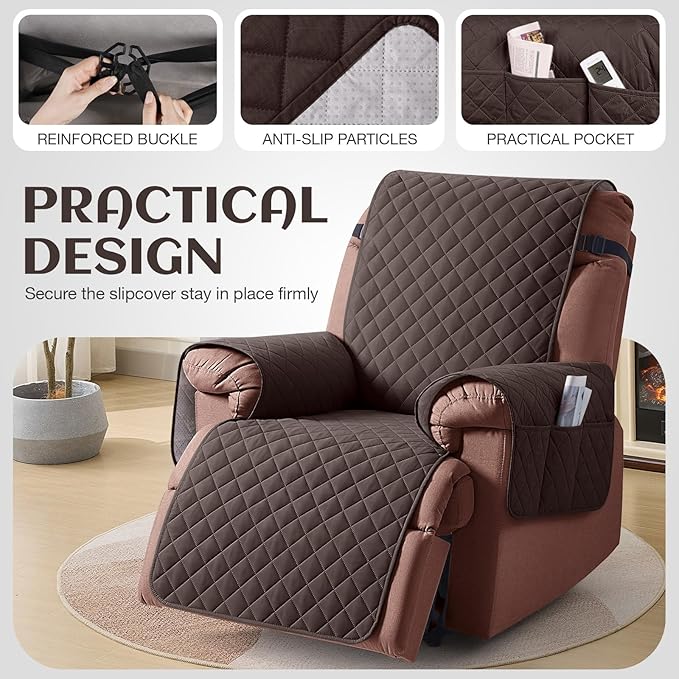 KinCam 100% Waterproof Recliner Chair Cover, Reclining Couch Covers for Pets, Dogs, Recliner Couch Slipcover Furniture Protector with Elastic Straps for Kids(28", Chocolate)