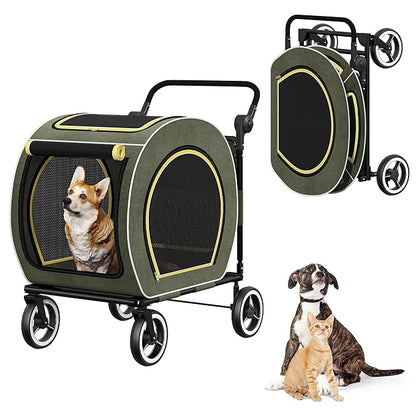 Kepptory Foldable Pet Stroller for Small Medium Dogs Cats, Detachable Carrier, 50lbs Max Weight Capacity, Portable Lightweight Travel Dog Stroller for Outdoor Walking Shopping Camping, Green