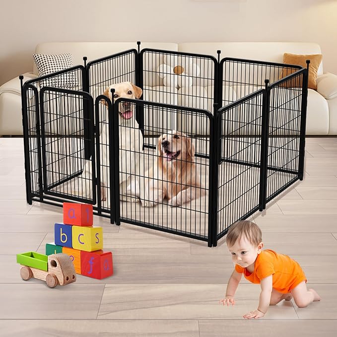 Getlay Dog Playpen 48inch 12 Panels, Puppy Playpen Indoors, Dog Fence Outdoor for Yard, Wide Door Low Threshold Garden Fence for Medium/Large Pets. Black Dog Pens Total 26.6 Ft(L)