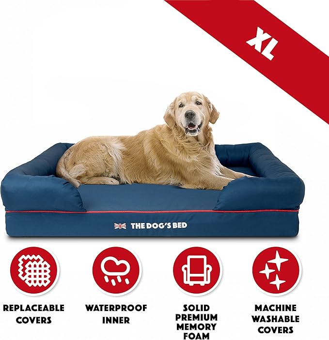 The Dog’s Bed Orthopedic Memory Foam Dog Bed with Bolsters for XL Dogs, Waterproof Washable Cover, Anti-Slip Base, Calming Surface – CertiPUR-Certified Foam, Oxford Fabric, Blue with Dark Red Trim, XL