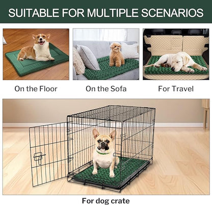 Washable Dog Bed Plush Orthopedic Outdoor Crate Mat with Non-Slip Bottom,Luxe Soft Kennel Pad for Pets,Cozy Cage Cushion & Pet Sleeping Mattress Large Sized,Medium,Small Dogs,36 x 24 inch,Green