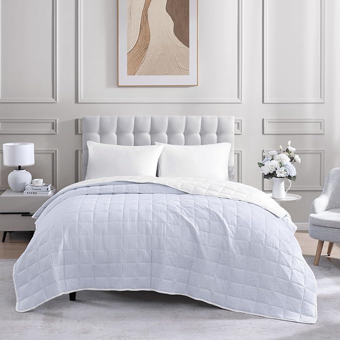 Casa Platino Pre-Washed Twin Size Bed Blanket - Lightweight, All Season, Premium Reversible Down Alternative - Ticking Stripe Blue, White