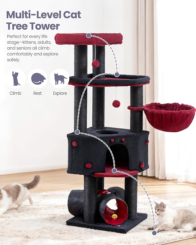 Cat Tree Tower for Large Cats Adult - 60 Inch XXL Sturdy Heavy Duty Extra Wide Scratching Posts (φ4.4in) Condo - Indoor Big Cat House Hammock Perch - XL Wood Multi Level Feline Pet Bed Trees Houses