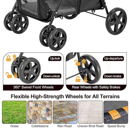 Double Pet Stroller for Dogs and Cats with 2 Detachable Carrier, Quick-Folding Dog Stroller for Medium Small Dogs Cats, 4 Wheels, Black