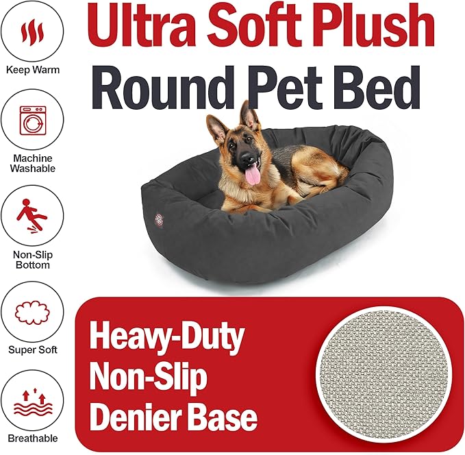 Majestic Pet 52 Inch Suede Calming Dog Bed Washable – Cozy Soft Round Dog Bed w/Spine Support for Dogs to Rest Head - Fluffy Donut Dog Bed 52x35x11 (Inch) - Round Pet Bed X- Large – Gray (2025)
