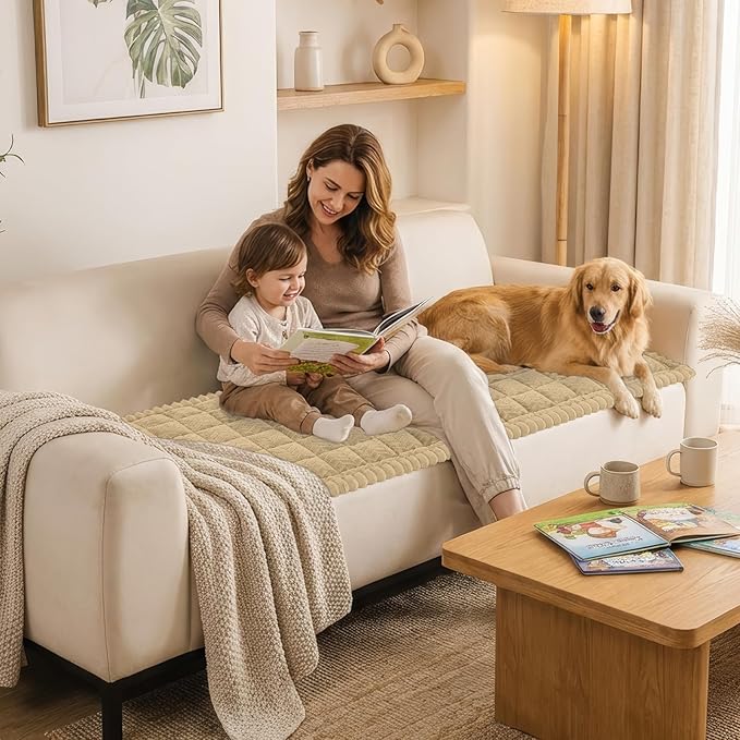 Smiry Non Slip Couch Covers for Dogs, Fuzzy Pet Couch Covers for 3 Cushion Sofa Pet Friendly, Soft Sofa Slipcovers Cushion Furniture Protector Washable (Khaki, 27.6" x 88")