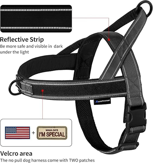 Annchwool No Pull Dog Harness with Soft Padded Handle,Reflective Strip Escape Proof and Quick Fit to Adjust Dog Harness,Easy for Training Walking for Small & Medium and Large Dog(Black,L)
