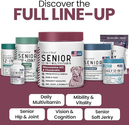 12-in-1 Multivitamin for Senior Dogs - 60 Senior Dog Vitamin and Supplement Soft Chews for Hip and Joint - Advanced Formula with Glucosamine, Omega 3,6,9, Vitamins, Probiotics - Made in the USA