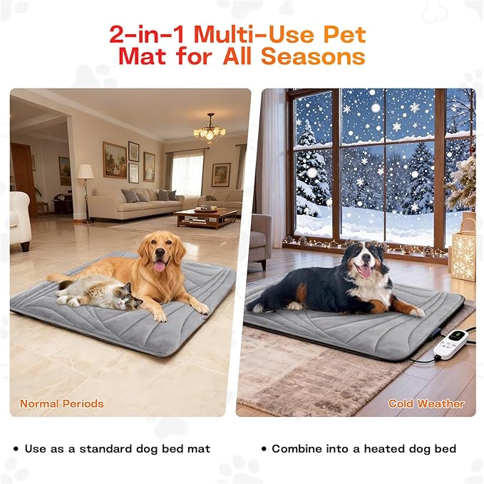 Large Dog Heating Pad with Washable Cover, Soft Plush Pet Heating Pad with 9 Adjustable Temperature, Timer, Chew-Resistant Cord, Waterproof Electric Heated Pet Bed Mat for Dogs and Multi-Cats