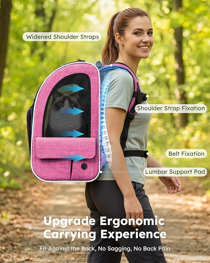Pecute Cat Backpack Carrier Expandable, Pet Backpack for Cats & Small Dogs Up to 11lbs, with 4-Side Breathable Mesh, Multi-Entry & Lockable Zippers for Travel, Hiking, Camping - Hands Free, Pink