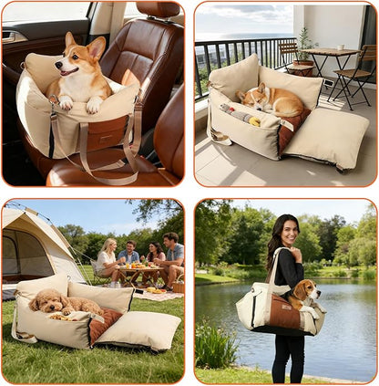Dog Car Seats for Small Dogs, Waterproof Puppy Car Seat with Side Handles and Large Pockets, Clip-On Safety Leash and PP Cotton Filling, Pet Booster Seat for Small Dog up to 25lbs (Apricot)