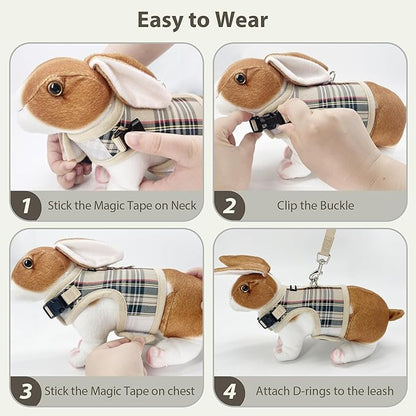 AIITLE Bunny Harness and Leash Set Escape Proof - Magic Tape Design, Lightweight Plaid Pattern Mesh Padding, No Pull No Choke for Puppy Cat Rat Squirrel Ferret, Outdoor Walking Running, Beige S