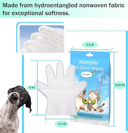 Homtyler Dog Wipes & Cleaning Gloves 2-in-1 for Dogs and Cats, Extra-Thick Pet Wipes with Coconut Oil for Lick-Safe Paws, Eyes, Ears & Body, Rinse-Free Waterless Bath for Deodorizing&Cleansing, 6 PCS