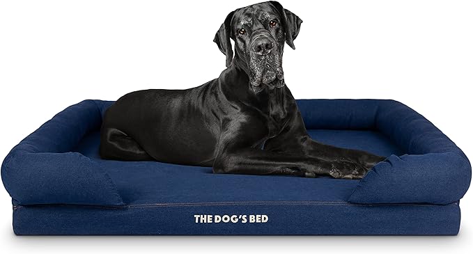 The Dog’s Bed Orthopedic Memory Foam Dog Bed with Bolsters for XXL Dogs, Waterproof Washable Cover, Anti-Slip Base, Calming Surface – CertiPUR-Certified Foam, Denim Fabric, Blue Denim, XXL