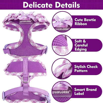 EXPAWLORER Cute Dog Harness and Leash Set - Purple Girl Dog Harness Checkered Step-in Design, Easy Adjustable No-Choke Lightweight Breathable Vest for Small Medium Dogs Outdoor Walking, Medium