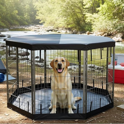 Dog Playpen w/Octagon Bottom Pad & Top Cover - 40 inch, 8 Panel Portable Grey Metal Pet Play Pen for Medium & Large Dogs - Indoor/Outdoor Kennel Cage for Home, Yard, RV, or Camping