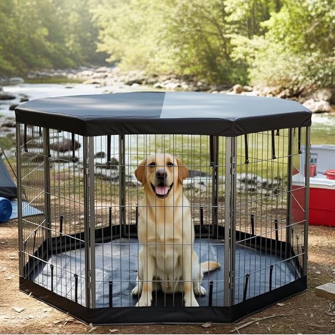 Dog Playpen w/Octagon Bottom Pad & Top Cover - 24 inch, 8 Panel Portable Grey Metal Pet Play Pen for Small Dogs & Puppies - Indoor/Outdoor Kennel Cage for Home, Yard, RV, or Camping
