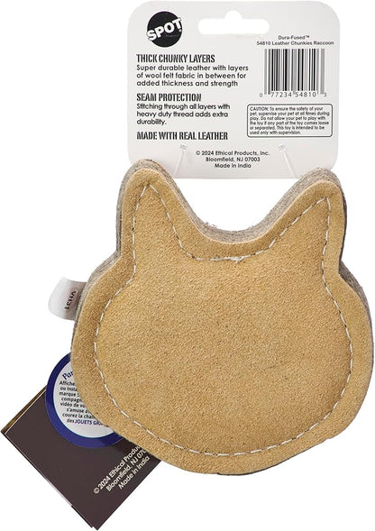 SPOT Dura-Fused Chunkies Raccoon - All Natural Leather and Felt Dog Toy - No Squeak, No Fluff, Durable, Extra Thick Dog Chew Toy for Aggressive Chewers, Great for Adult Dogs and Teething Puppies, 5in