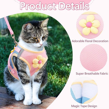 Cat Harness and Leash Set Escape Proof, Adjustable Cat Vest Harnesses Soft Kitten Harness Reflective Strips Jacket with Flower, Breathable Mesh Harnesses for Cats Puppy Easy to Wear Outdoor Walking