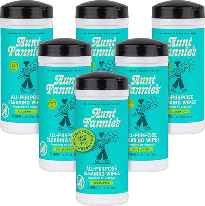 Aunt Fannie's Natural Cleaning Vinegar Wipes, Multipurpose Surface Cleaner, Eucalyptus Scent, 35 Count (Pack of 6)