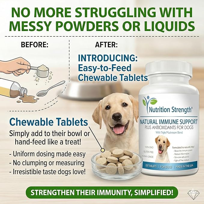 Immune Support for Dogs - Turkey Tail, Reishi, Shiitake & Maitake Mushroom Complex - Senior Dog Health, Antioxidants, CoQ10, Selenium, Vitamin A - 120 Chewable Tablets