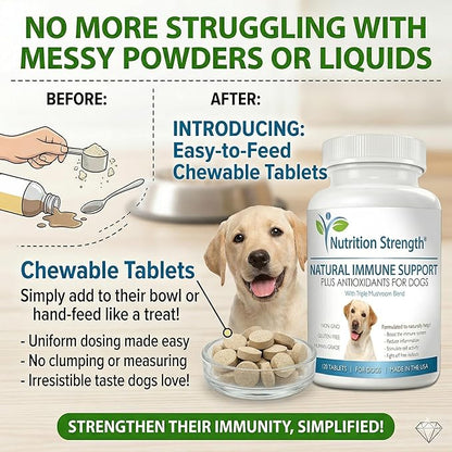 Immune Support for Dogs - Turkey Tail, Reishi, Shiitake & Maitake Mushroom Complex - Senior Dog Health, Antioxidants, CoQ10, Selenium, Vitamin A - 120 Chewable Tablets
