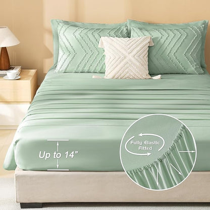 Litanika California King Comforter Set with Sheets Sage Green - 7 Pieces Bed in a Bag Cal King Boho Tufted Complete Bedding Sets with Comforter, Sheets, Pillowcases & Shams