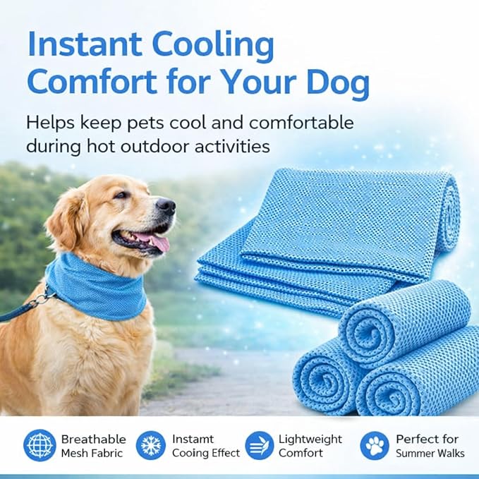 Instant Cooling Dog Bandana for Pet Scarf Soft Cool Mat Pet Collar – Eco-Friendly Breathable Polyester Dog Cooling Bandana for Dogs Puppy Bandana with Leash Hole (Blue, Medium)
